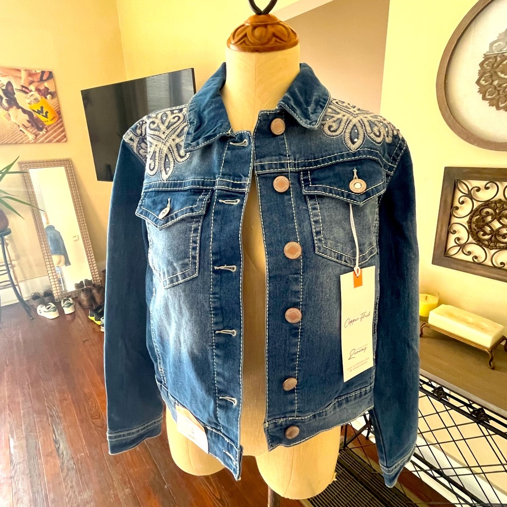 Copper Flash denim jacket with white embroidery size small